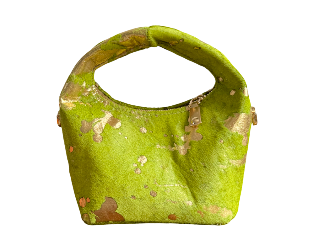 Nelo bag, Mini. 
Fur-on hide skin, Lemon and gold